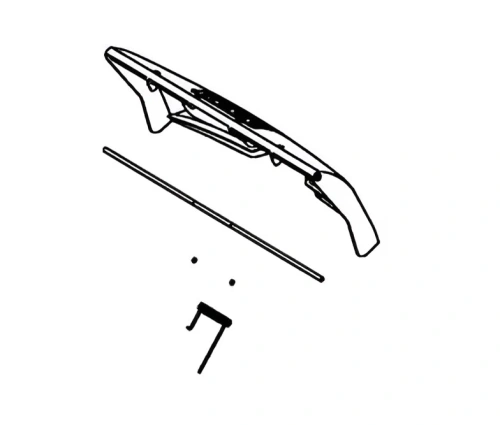 Klapa wertykulatora S 138C Husqvarna w kolorze czarnym, z widocznym logo producenta. Produkt leży poziomo, prezentując wzmocnioną konstrukcję oraz elementy montażowe. Obok klapy znajdują się dwa elementy mocujące oraz pasek wsparcia. Tło białe.