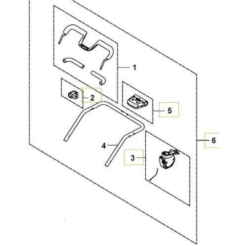 Zespół uchwytu wertykulatora Husqvarna Model S 138i, bez akumulatora i ładowarki, z metalowymi elementami: uchwyt w kształcie litery U, dwie rurki i osłona z logo Husqvarna na białym tle.