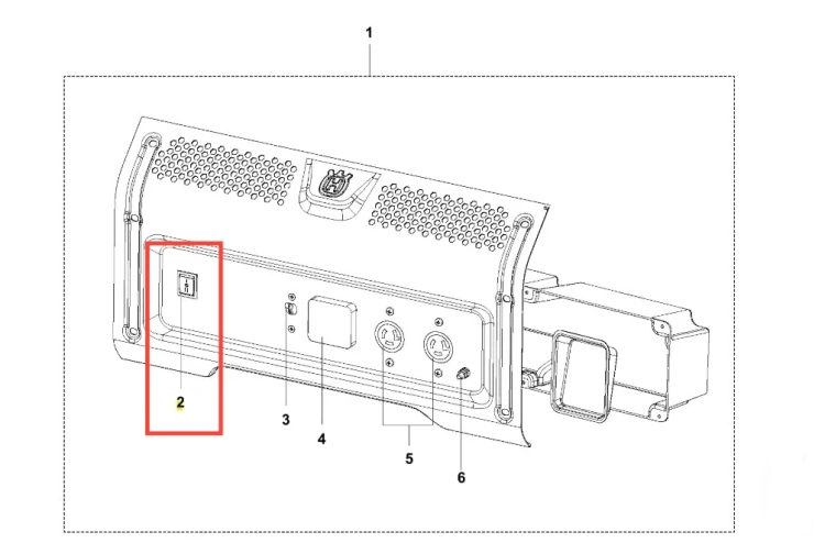 Wyłącznik generatora G3200P Husqvarna w widoku z boku, ukazujący gniazda i przyciski. Produkt wykonany z trwałego plastiku, w kolorze szarym, z wygrawerowanym logo Husqvarna. Widoczny jest mechanizm włączania oraz oznaczenia dotyczące zasilania.