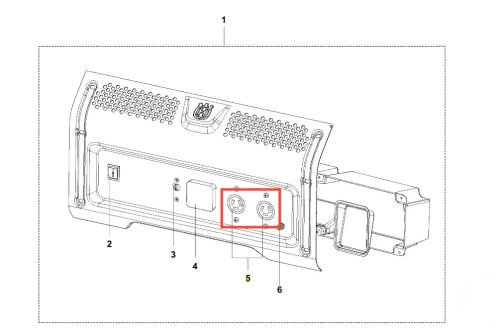 Gniazdo generatora G3200P Husqvarna, widok z boku. Ujęcie pokazuje dwa okrągłe gniazda z widocznymi stykami. Obudowa w kolorze szarym, z wyraźnymi oznaczeniami i logo Husqvarna. Tło proste, ułatwiające identyfikację detali.
