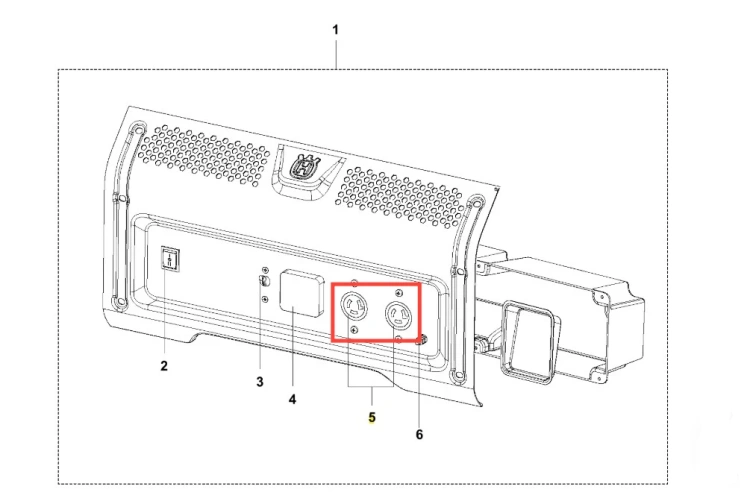 Gniazdo generatora G3200P Husqvarna, widok z boku. Ujęcie pokazuje dwa okrągłe gniazda z widocznymi stykami. Obudowa w kolorze szarym, z wyraźnymi oznaczeniami i logo Husqvarna. Tło proste, ułatwiające identyfikację detali.