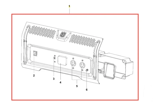 Panel generatora G3200P Husqvarna, tył. Prostokątny, metalowy z wentylacją, gniazda zasilania i oznaczenia. Widoczne logo Husqvarna u góry, detale w dolnej części na jasnym tle.