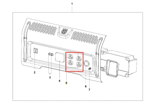 Gniazdo generatora G3200P Husqvarna z widokiem z boku. Na zdjęciu widoczne są cztery gniazda elektryczne oraz dodatkowy port. Uchwyt gniazda znajduje się w górnej części. Obudowa jest w kolorze szarym, z wentylacją na powierzchni.