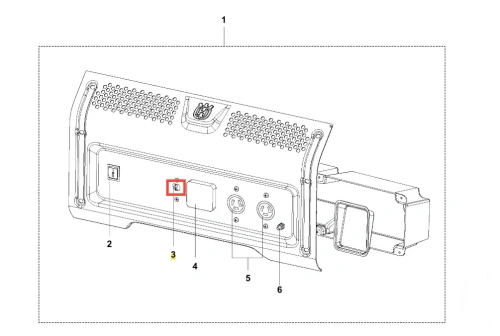 Wyłącznik automatyczny G3200P Husqvarna, tył. Polerowany metal, z oznaczeniami przycisków i gniazd, z miejscem na mocowanie. Prosta, pozioma budowa do podłączenia do generatora.