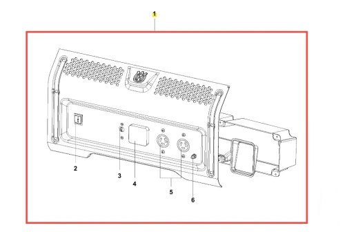Panel generatora G3200P Husqvarna widok z boku z włącznikiem, gniazdami i logo. Prostokątny kształt z perforowaną górą, tylny moduł elektryczny. Białe tło podkreśla szczegóły produktu.