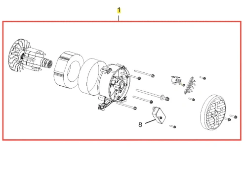 Rozrysowany alternator G3200P Husqvarna w układzie eksplodowanym, ukazujący poszczególne elementy: wirnik, obudowę, osłonę oraz mocowania. Widoczny również detal mocowania z widocznymi śrubami i złączami. Tło proste, białe.