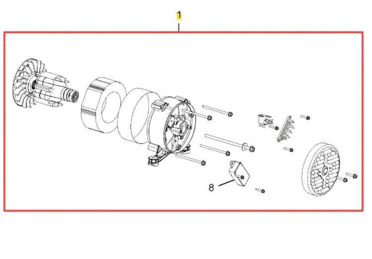 Rozrysowany alternator G3200P Husqvarna w układzie eksplodowanym, ukazujący poszczególne elementy: wirnik, obudowę, osłonę oraz mocowania. Widoczny również detal mocowania z widocznymi śrubami i złączami. Tło proste, białe.