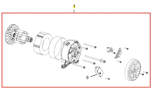 Alternator generatora G3200P Husqvarna w układzie eksplodowanym. Widoczne elementy to wirnik, obudowa, elementy mocujące oraz wsporniki. Ujęcie z przodu, ukazujące szczegóły mechaniczne i połączenia. Tło białe, co podkreśla detale produktu.