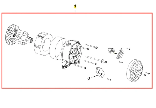 Eksplodowany widok alternatora generatora G3200P Husqvarna z wirnikiem, obudową i przyłączami na białym tle, ukazujący śruby, mocowania i komponenty elektryczne.