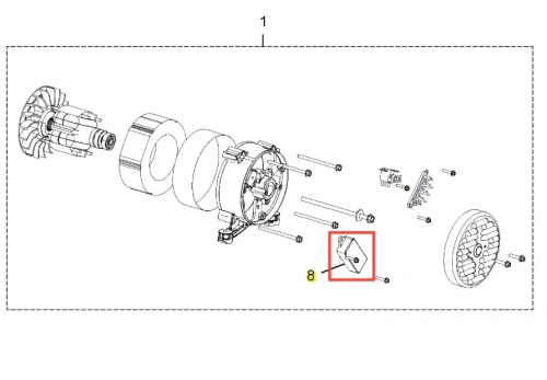 Regulator generatora G3200P Husqvarna w złożeniu, z widocznym regulatorem, metalowymi elementami, śrubami i wirnikiem, widok z góry na białym tle. Kluczowy element oznaczony czerwonym prostokątem.