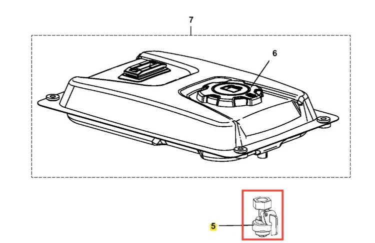 Wyłącznik Husqvarna G3200P, widok z boku. Szara, prostokątna obudowa z teksturą, otwór i pokrętło z oznaczeniem z przodu, prostokątne złącze na górze i elementy mocujące na rogach.