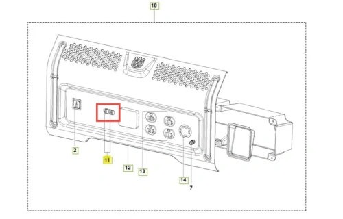 Wyłącznik automatyczny generatora G2500P Husqvarna, szara perforowana obudowa z logo. Panel z różnymi gniazdami, w tym czerwonym w zbliżeniu, widoczny z boku.