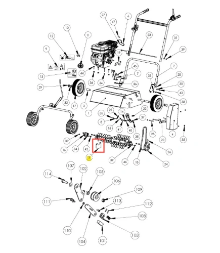S500 PRO wertykulator Husqvarna z metalową płytą roboczą, wytrzymałymi kołami i silnikiem w górnej części. Produkt widoczny z przodu, w zestawieniu z detalami mocowania i akcesoriami. Tło białe, co podkreśla kontury i kształty urządzenia.
