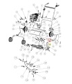 Siekiera wertykulatora S 500 PRO Husqvarna w czarno-żółtej metalowej obudowie. Widok boczny ukazuje mechanizm, koła, silnik, rączki do manewrowania, logo Husqvarna oraz schemat z numerami części.