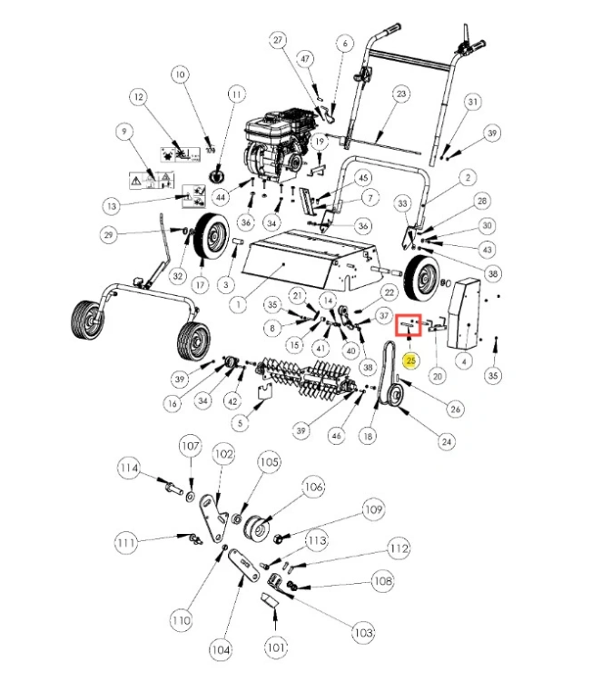 Siekiera wertykulatora S 500 PRO Husqvarna w czarno-żółtej metalowej obudowie. Widok boczny ukazuje mechanizm, koła, silnik, rączki do manewrowania, logo Husqvarna oraz schemat z numerami części.