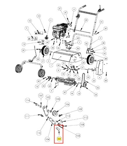 Hamulec wirnika wertykulatora S 500 PRO Husqvarna, metalowy element z wyraźnym gwintem, umieszczony w dolnej części schematu. Widoczny z boku, w formie złożonej, na jasnym tle. Idealny do wymiany w urządzeniu do wertykulacji.
