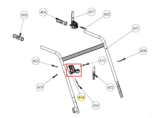 Dźwignia przepustnicy wertykulatora S 500 PRO Husqvarna, czarna, zamontowana na ramie, z ergonomicznym uchwytem. Widoczna z boku, ukazuje detale konstrukcji oraz zaczepy. Tło proste, białe, co podkreśla produkt.