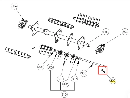 Klin poprzeczny wertykulatora S 500 PRO Husqvarna, metalowy element o wydłużonym kształcie, na diagramie przedstawiony z góry. Widoczne są detale mocowania i oznaczenia poszczególnych części. Całość w technicznym kontekście, na białym tle.
