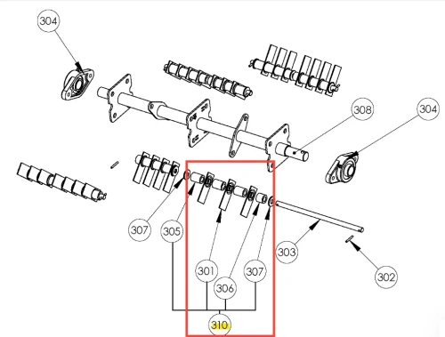 Schemat zestawu naprawczego KZ01080002 wertykulatora S 500 PRO Husqvarna, zawiera elementy mechaniczne o numerach 301, 305, 306, 307, 310 na białym tle, z wyraźnymi detalami.