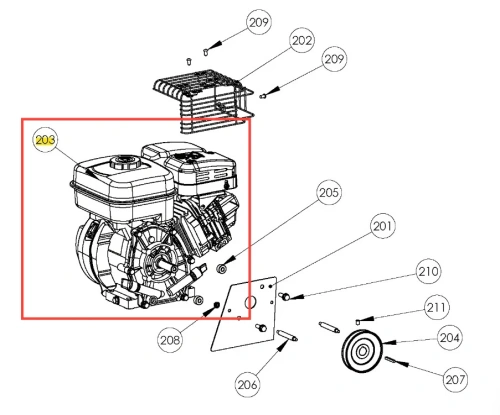 Silnik r210 wertykulatora S 500 PRO Husqvarna, z dwiema górnymi pokrywkami, widoczny z boku, w uchylonym stanie. Metalowa konstrukcja w kolorze czarnym, liczne detale, w tym wałek i mocowanie. Idealny do wydajnej pracy w ogrodzie.