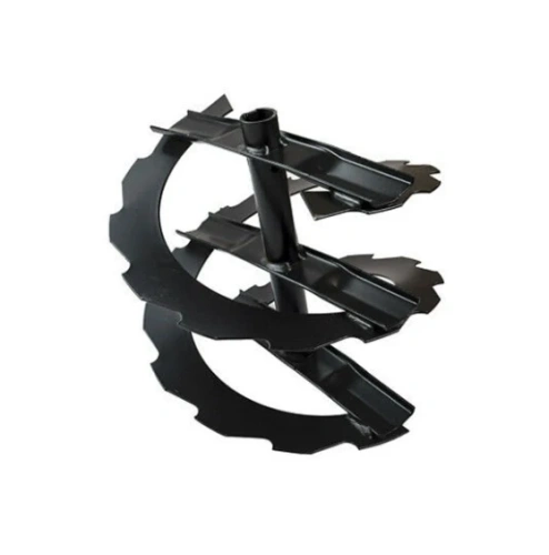 Świder do odśnieżarki Husqvarna ST 230P, czarny, z metalowymi spiralnymi ostrzami i centralną rurką do mocowania. Efektywnie usuwa śnieg, widoczny z boku na neutralnym tle.