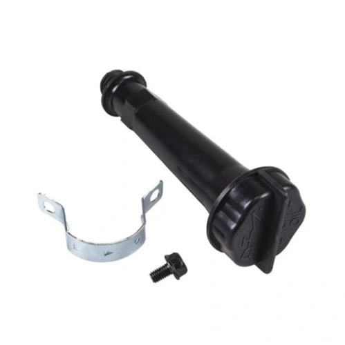 Wskaźnik odśnieżarki ST 327P Husqvarna, czarna rura z plastikową pokrywą, metalowy uchwyt. W komplecie metalowy element mocujący oraz śrubka. Element umieszczony na białym tle, widok z góry, eksponujący detale.