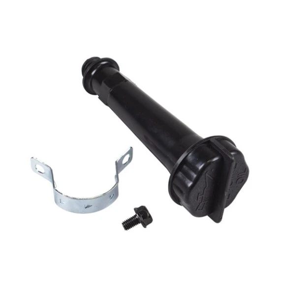 Wskaźnik odśnieżarki ST 327P Husqvarna, czarna rura z plastikową pokrywą, metalowy uchwyt. W komplecie metalowy element mocujący oraz śrubka. Element umieszczony na białym tle, widok z góry, eksponujący detale.
