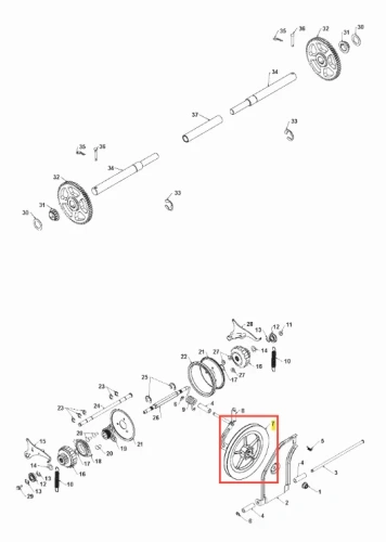 Koło pasowe odśnieżarki ST 330 Husqvarna, w kolorze srebrnym, o okrągłym kształcie z sześcioma otworami. Widok na detal w zbliżeniu, na białym tle. Podkreślona struktura ząbków, zapewniająca lepszą przyczepność. Element montażowy, nowy.