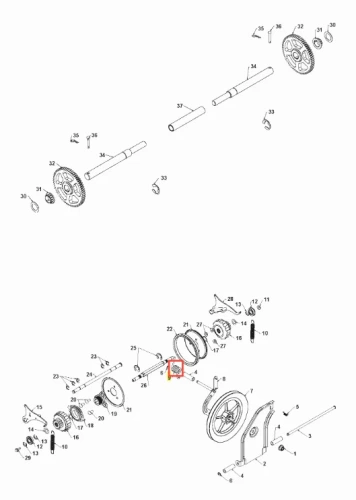 Schemat sprężyny odśnieżarki ST 330 Husqvarna. Widoczne koła zębate, wałki, mocowania i rurka na białym tle. Oznaczenia numerów części, brak dekoracji.