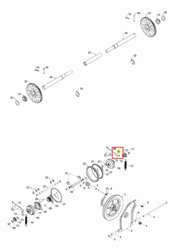 Szkic techniczny pierścienia odśnieżarki ST 330 Husqvarna. Składa się z metalowych komponentów, widoczne zęby i otwory montażowe. Numeracja części z oznaczeniami dla ułatwienia identyfikacji. Przedstawiono komponenty w układzie rozłożonym.