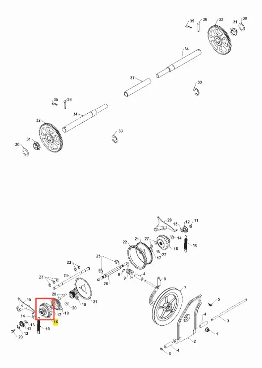 Przekładnia odśnieżarki ST 330 Husqvarna z metalowymi elementami, widok z boku na prostym tle. Zawiera koła zębate, wałki i mocowania, pokazujące szczegóły techniczne działania urządzenia.