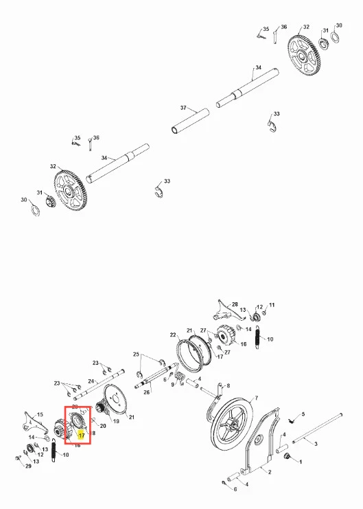 Ilustracja przedstawia schemat części podkładki odśnieżarki ST 330 Husqvarna. W centralnej części widoczna jest przekładnia oraz napędy. Elementy są rozmieszczone na białym tle, co ułatwia identyfikację poszczególnych komponentów.