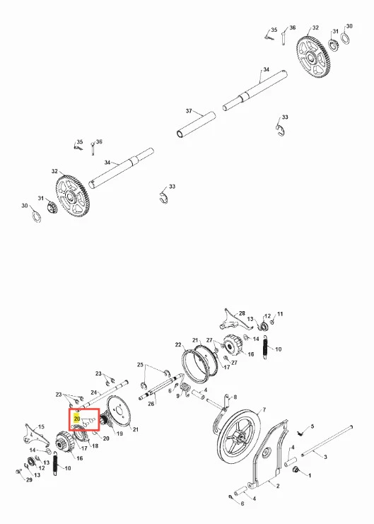 Śruba odśnieżarki ST 330 Husqvarna, metalowa, o cylindrycznym kształcie, z wyraźnymi gwintami. Ujęcie frontowe, produkt znajduje się w centrum ilustracji. Szereg pozostałych elementów mechanicznych w tle. Widoczne oznaczenia części.