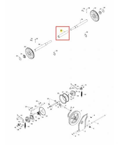 Tuleja odśnieżarki ST 330 Husqvarna w formie długiego, prostokątnego elementu o metalicznej fakturze. Wyraźnie widoczny numer katalogowy „37” na tle schematu. Produkt umieszczony w układzie części zamiennych, widok z góry.