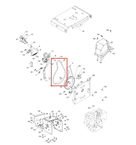 Zbliżenie przekładni odśnieżarki Husqvarna ST 230P z zębatką, metalową obudową i mocowaniem w formie diagramu na jasnym tle. Widoczne szczegóły mocowań i elementów konstrukcyjnych.