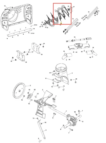 Świder odśnieżarki ST 327P Husqvarna składa się z metalowych zębów o spiralnym kształcie, przymocowanych do mocnej podstawy. Ułożony poziomo, pokazuje detale konstrukcyjne. Na części widoczne są oznaczenia części zamiennych.
