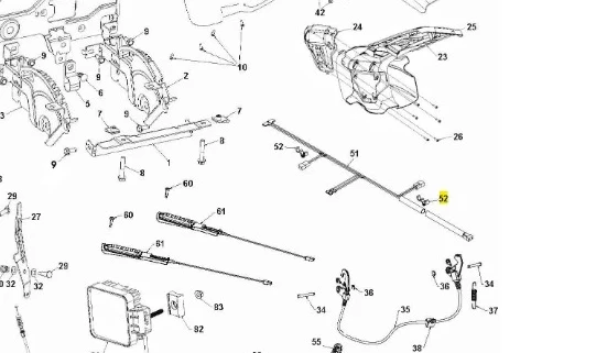 Zacisk odśnieżarki ST 330 Husqvarna w formie schematu, ukazujący detale montażowe. Widoczny z góry, z ikonami numerowanych części oraz opisami. Elementy metalowe, w tym długie pręty i mocowania, osadzone na klarownym tle technicznym.