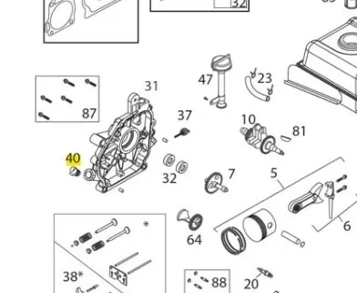 Korek spustowy oleju do odśnieżarki Husqvarna ST 327P w kolorze czarnym, w kształcie okrągłej nakrętki z gwintem. Widoczny detal mocowania oraz otwór do wlewu, z metalowym komponentem. Zbliżenie na część z oznaczeniem na schemacie.