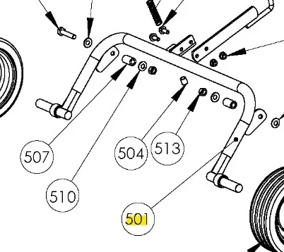 Przedni widok spawanego przodu wertykulatora S 500 PRO Husqvarna, srebrny metal z otworami montażowymi i detalami 501, 504, 507, 510, 513 oraz prostokątnym uchwytem z wzmocnieniem.