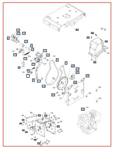 Rysunek techniczny silnika odśnieżarki Husqvarna ST 230P z metalowymi elementami, płytą montażową, kołami pasowymi i łącznikami na białym tle; schematyczne i wyraźne szczegóły.