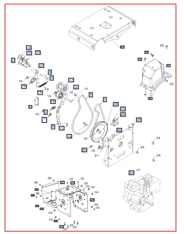 Rysunek techniczny silnika odśnieżarki Husqvarna ST 230P z metalowymi elementami, płytą montażową, kołami pasowymi i łącznikami na białym tle; schematyczne i wyraźne szczegóły.