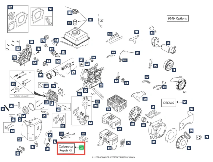Gaźnik odśnieżarki ST 327P Husqvarna, frontalny widok, srebrne metalowe elementy, etykieta 'Carburetor Repair Kit' w czerwonej ramce, widoczne mocowania, białe tło.