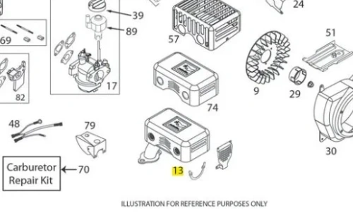 Zespół tłumika odśnieżarki ST 230P Husqvarna, biały i szary, prostopadły do podłoża, z etykietą nr 13. Montażowe detale tworzą prostokątny kształt. Rysunek na białym tle z napisem „ILLUSTRATION FOR REFERENCE PURPOSES ONLY”.
