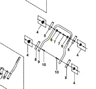 Tarcza wertykulatora S 138C Husqvarna, metalowa, prostokątna, z numeracją elementów mocujących 1-10. Zestaw części montażowych na schemacie technicznym, bez tła. Idealna do napraw i wymiany.
