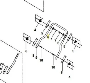 Tarcza wertykulatora S 138C Husqvarna, metalowa, prostokątna, z numeracją elementów mocujących 1-10. Zestaw części montażowych na schemacie technicznym, bez tła. Idealna do napraw i wymiany.