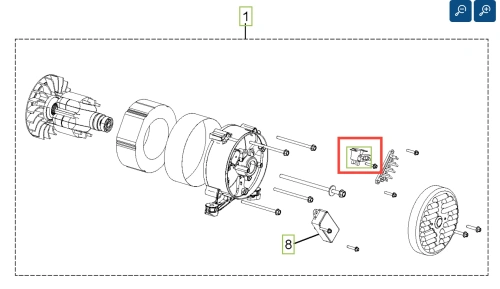 Czarna szczotka węglowa do generatora Husqvarna G3200P z widocznymi mocowaniami, widziana frontalnie na tle schematu innych podzespołów, ukazująca szczegóły elementu.