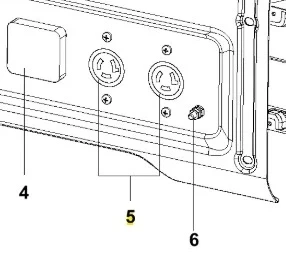 Gniazdo generatora G3200P Husqvarna, widok z boku. Dwa porty z gniazdami elektrycznymi, metalowa obudowa z wyraźnymi oznaczeniami. Prosta, neutralna forma. Na tle neutralnym, bez dodatkowych elementów.