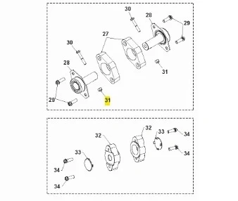 Schemat elementów nakrętki odśnieżarki ST 230P Husqvarna z mocowaniem, uszczelkami i śrubami. Części w dwóch sekcjach z numerami. Białe tło ułatwia odbiór.