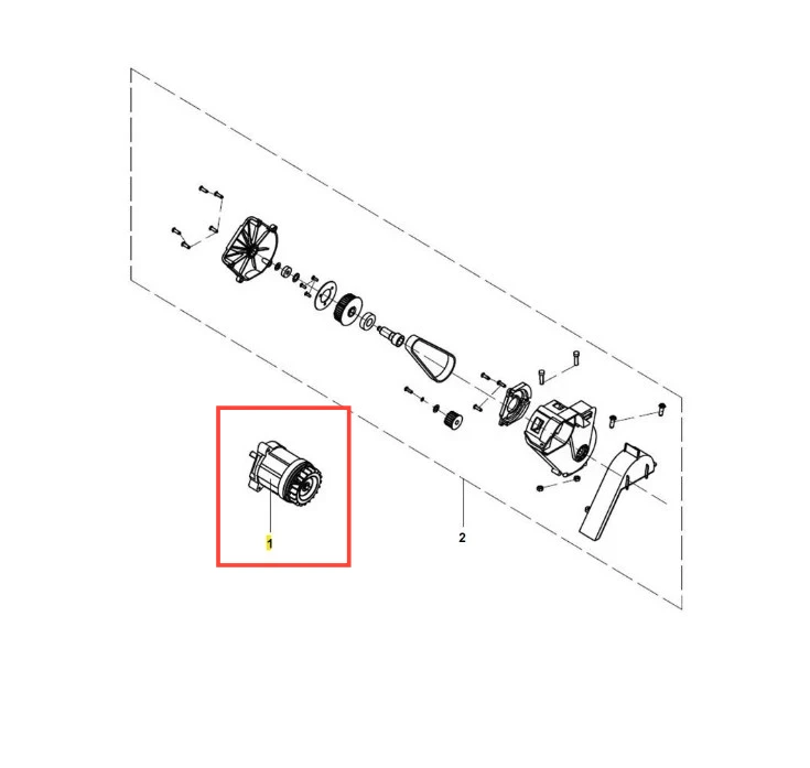 Silnik wertykulatora Husqvarna S 138i, bez akumulatora i ładowarki, metalowy, cylindryczny, z przewodami i mocowaniami na białym tle.