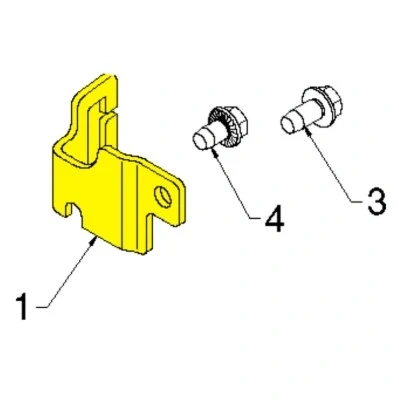 Wspornik odśnieżarki ST 276EP Husqvarna w kolorze żółtym, z wyraźnymi mocowaniami. Obok dwie śruby mocujące. Ujęcie frontalne, z bliska, ukazujące detale konstrukcji. Idealny element do montażu w sprzęcie odśnieżającym.
